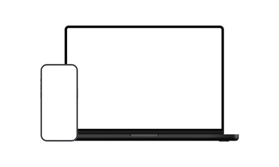 Wall Mural - Dark Laptop And Mobile Phone, Blank Screens, Isolated On White Background. Vector Illustration