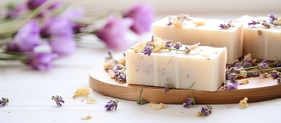 Poster - The concept of a spa is depicted with a white wooden background adorned with natural handmade soap aromatic oil and flowers