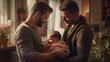 Men Gay Couple Cuddling Baby Newborn At Home Together