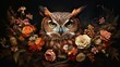 Owl in a wistful painting with flowers