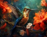 Fototapeta  - Colorful hummingbird surrounded by flowers