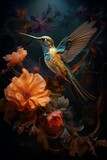 Fototapeta Niebo - Hummingbird in a wistful painting with flowers