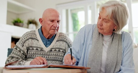 Poster - Senior couple, sign documents and insurance, contract and paperwork or agreement. Elderly people, marriage and form questions on application for retirement, planning and investment on sofa by home