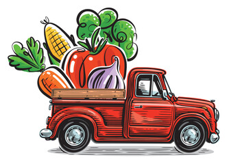 Retro red truck with fresh organic vegetables. Delivery of natural healthy food from the farm. Vector illustration