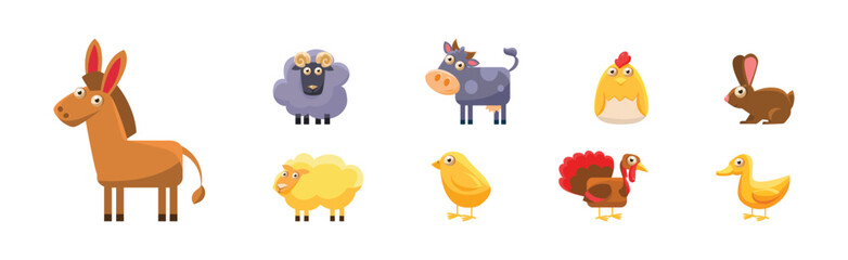 Sticker - Farm Animals with Donkey, Ram, Cow, Chick, Bunny and Turkey Vector Set