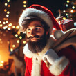 Handsome young man with long beard and moustache in red santa claus clothes holding christmas presents.