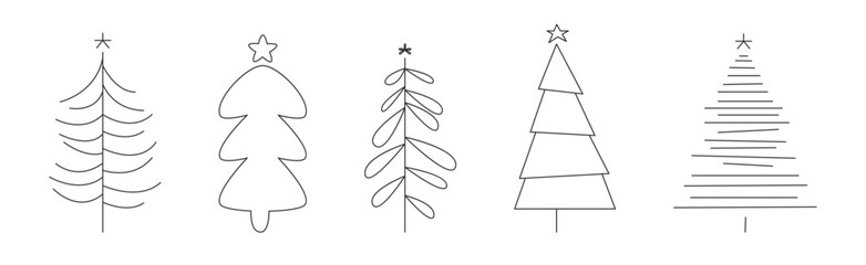 Sticker - Linear Christmas Fir Tree with Star on Top Vector Set