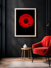 Contemporary living room interior with red armchair, vase with flowers and black poster on wall. Mock up