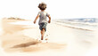 Watercolor Beach Day with Joyful happy kid and Scenic Sky