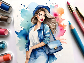 Wall Mural - Colorful illustration of fashion young woman