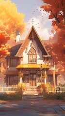 Wall Mural - House in the woods. AI generated art illustration.