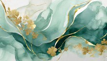 Abstract Marbled Ink Liquid Fluid Watercolor Painting Texture Banner Illustration - Soft Mint Green Petals, Blossom Flower Flowers Swirls Gold Painted Lines, Isolated On White Background