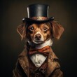 AI generated illustration of a  portrait of a brown dog in a classic suit and top hat