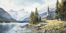 Watercolor Panorama Of Highland Lake With Mountains And Sky