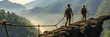 Two people walking on a suspension bridge in the mountains.