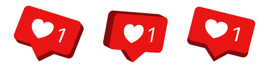 Leinwandbilder - 3d Like and love icon button. Heart flat icon in modern 3d red speech bubble shapes , Social media notification icons. emoji post reactions set. Vector illustration