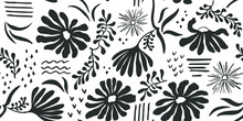 Seamless Botanical Pattern Black White Modern Collage Of Designs Of Various Flowers, Branches, Stripes, Teals, Strokes. Hand Drawn Ink Sketches. Vector Illustration Isolated On White Background.