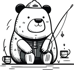 Cute cartoon bear sitting on the ground with a fishing rod. Vector illustration.