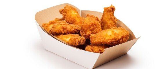 Wall Mural - Chicken wings coated in breading and fried served in a white box that is separated from the background