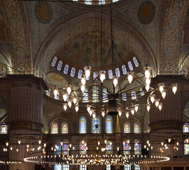 Wall Mural - Interior of the Sultan Ahmed Mosque (Blue Mosque). Details from inside the historical Sultanahmet Mosque in Istanbul. Turkish Islamic art, history and tourist attractions of Istanbul. Ramadan.