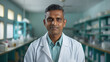 Confident Indian doctor with lab coat in clinical setting