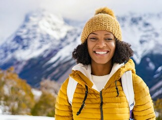 Poster - African woman winter travelling, snow hiking adventure