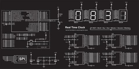 Vector schematic diagram of an electronic device on arduino. Data transmission via the spi interface.
Real time clock on the basis of microcontroller and
seven-segment indicators. Array of capacitors