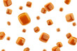 Falling Caramel candy, isolated on white background, selective focus