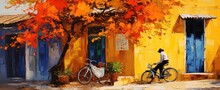 Painting Style Illustration Of Vietnam Old Town, A Man With His Bicycle Under Red Maple Tree In Autumn Time, Generative Ai