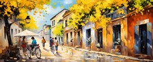 Painting Style Illustration Of Vietnam Old Town, Flower Vine Grow Covered Building In Town, Generative Ai