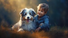 Cute Boy With Dog In Sunset Twilight Autumn Forest, Generative Ai