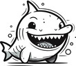 Black and white vector illustration of a smiling shark with open mouth.