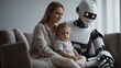 A futuristic vision of the near future suggests that robots could replace humans in many areas, including babysitting. Robot nanny takes care of children, walks with them and educates them