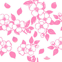 Sakura Pink Seamless Pattern. Red Pink White Sakura Japanese Cherry Blossoms. Hand Drawing. Not AI, Illustrat3. Vector Illustration