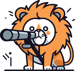 Cartoon lion with telescope. Vector illustration in flat linear style.