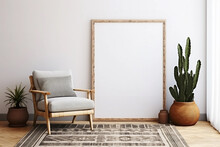 Vertical Empty Large Frame For Wall Art Mockup. Modern Boho Room With Minimalist Chair And Houseplant.