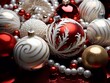 Background image, red and white christmass balls with ornaments, snowflakes, glitter and bows on glittery backdrop, allow copy space.