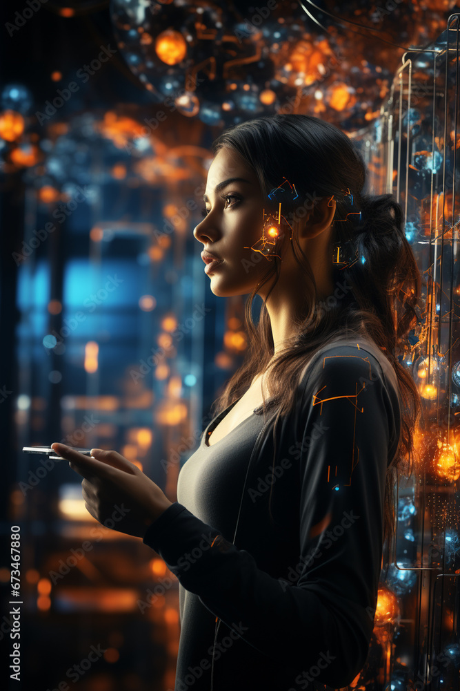 Digital technology internet network connection, a studying girl ...