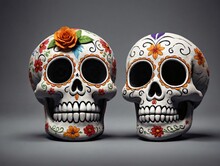 Two Skulls With Colorful Flowers And Leaves