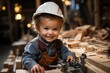 baby dressed as a carpenter and with a safety helmet inside your carpentry workshop
