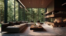 Modern Luxurious Living Room With A Fireplace Surrounded By Nature. Minimalist Style Interior Design