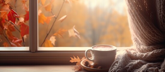 Sticker - Cozy autumn or winter concept with a sweet home showcasing still life details A wooden window adds charm to the home where a sweater hot tea and autumn decor create a cozy fall mood This lov