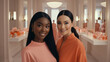 © AdrianGomezFoto - Two beautiful girls with makeup and hair style pose in a beauty center. A white-skinned model and another dark-skinned model. Beauty photography.