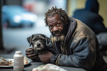 Portrait of old African American homeless man sitting on street and eating with his hungry dog. Poverty, misery, bankruptcy, homelessness, crisis, social welfare concept