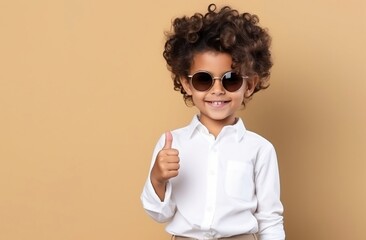 Wall Mural - Isolated professional looking child giving satisfaction gesture with thumbs up, a little happy satisfied kid, boy showing thumbs up