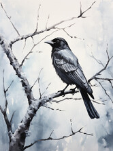 A Minimal Watercolor Of A Crow In A Winter Setting