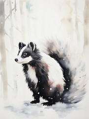 Wall Mural - A Minimal Watercolor of a Skunk in a Winter Setting