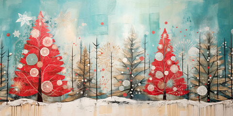 Collage of decorated Christmas trees in a forest. A website of background banner.