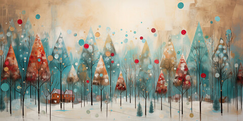 Collage of decorated Christmas trees in a forest. A website of background banner.
