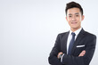 office professional suit， white background, half-length photo, confident smile, Chinese professional man, executive